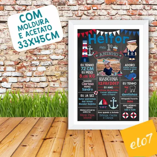 Quadro Chalkboard Aniversário C/ Moldura Marinheiro 30x42cm