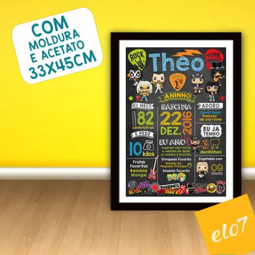 Quadro Chalkboard Aniversário C/ Moldura Rock Baby 30x42cm