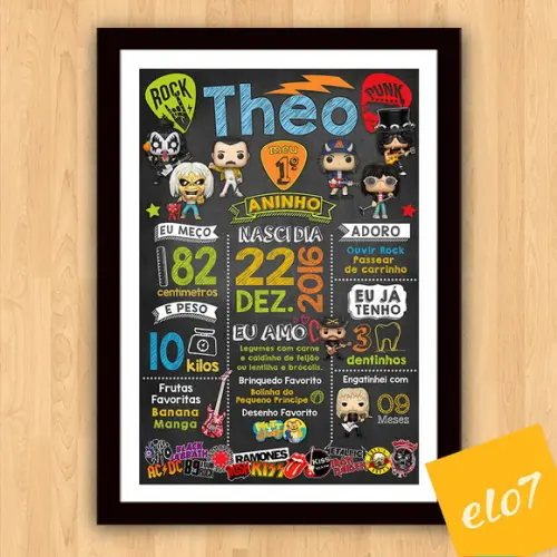 Quadro Chalkboard Aniversário C/ Moldura Rock Baby 30x42cm