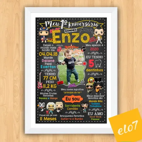 Quadro Chalkboard Aniversário C/ Moldura Rock Baby 30x42cm