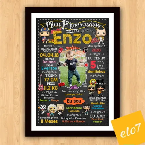 Quadro Chalkboard Aniversário C/ Moldura Rock Baby 30x42cm