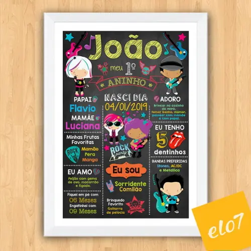Quadro Chalkboard Aniversário C/ Moldura Rock Baby 30x42cm