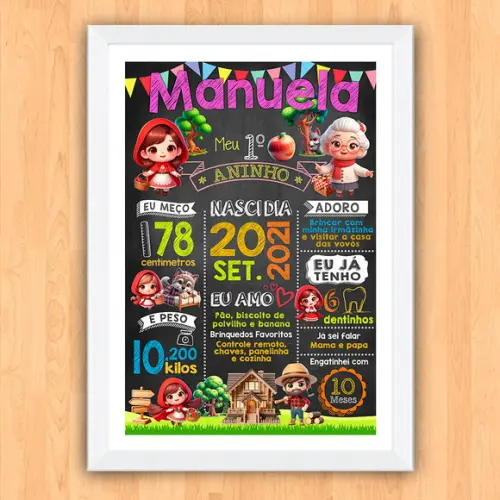 Quadro Chalkboard Aniversário Chapeuzinho Vermelho 30x42cm