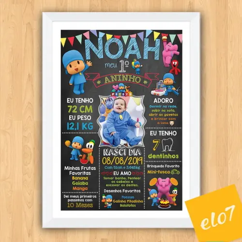 Quadro Chalkboard Aniversário Pocoyo C/ Moldura 30x42cm