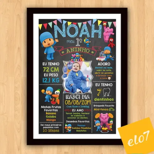 Quadro Chalkboard Aniversário Pocoyo C/ Moldura 30x42cm
