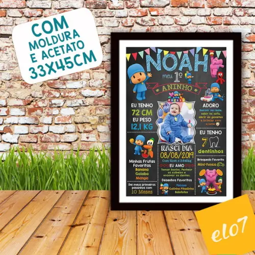 Quadro Chalkboard Aniversário Pocoyo C/ Moldura 30x42cm