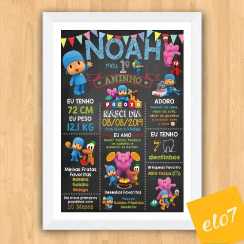 Quadro Chalkboard Aniversário Pocoyo C/ Moldura 30x42cm