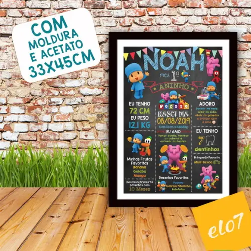 Quadro Chalkboard Aniversário Pocoyo C/ Moldura 30x42cm