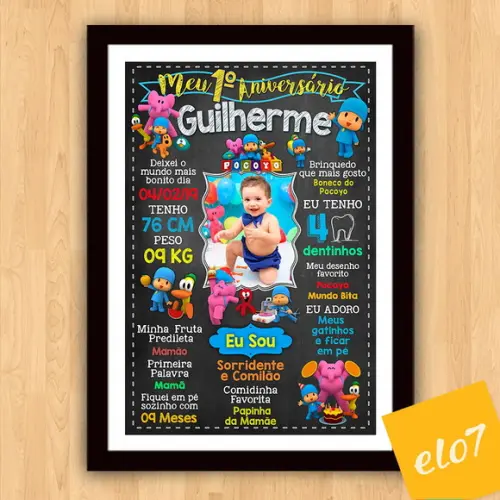 Quadro Chalkboard Aniversário Pocoyo C/ Moldura 30x42cm