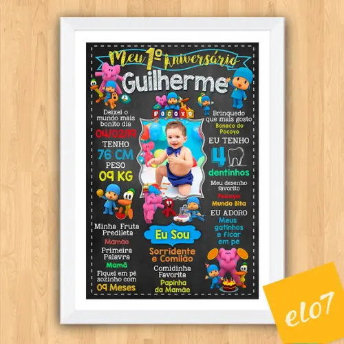 Quadro Chalkboard Aniversário Pocoyo C/ Moldura 30x42cm
