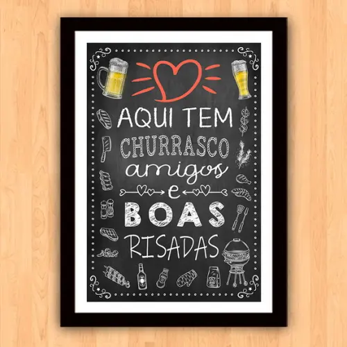 Quadro Pôster A3 c Moldura Aqui Tem Churrasco Amigos 30x42cm