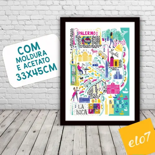 Quadro Pôster A3 c/ Moldura Buenos Aires Pop Art 30x42cm