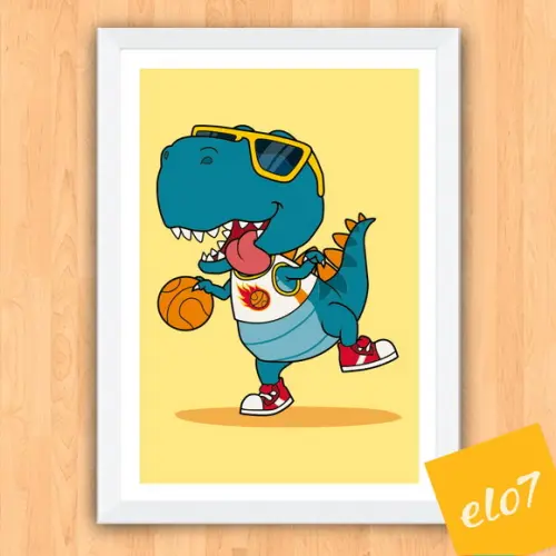 Quadro Pôster A3 c/ Moldura Dinossauro Basquete 30x42cm