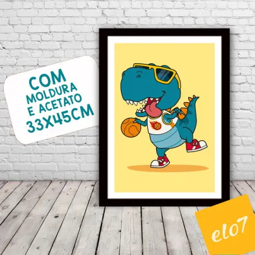 Quadro Pôster A3 c/ Moldura Dinossauro Basquete 30x42cm