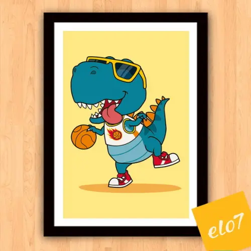 Quadro Pôster A3 c/ Moldura Dinossauro Basquete 30x42cm