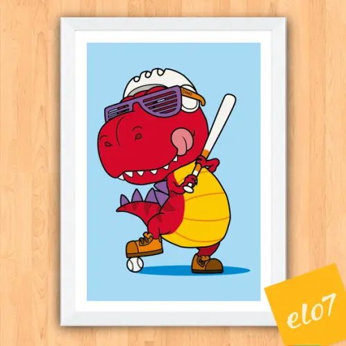 Quadro Pôster A3 c/ Moldura Dinossauro Beisebol 30x42cm