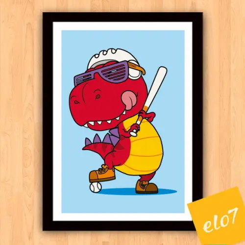 Quadro Pôster A3 c/ Moldura Dinossauro Beisebol 30x42cm