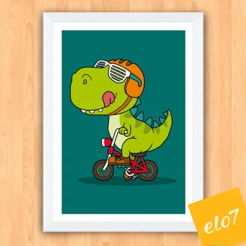 Quadro Pôster A3 c/ Moldura Dinossauro Bicicleta 30x42cm
