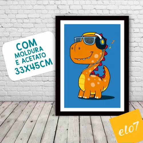 Quadro Pôster A3 c/ Moldura Dinossauro Música 30x42cm