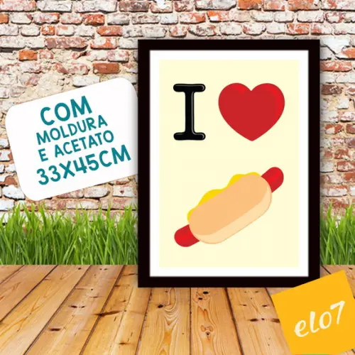 Quadro Pôster A3 c/ Moldura I Love Hot Dog 30x42cm