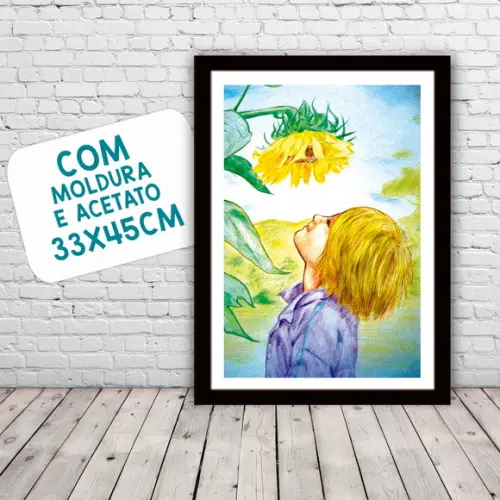 Quadro Pôster A3 c/ Moldura Menino e Girassol 30x42cm