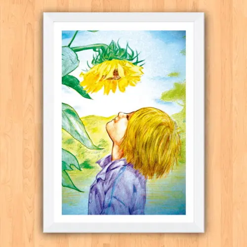 Quadro Pôster A3 c/ Moldura Menino e Girassol 30x42cm