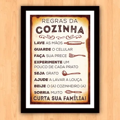 Quadro Pôster A3 c/ Moldura Regras da Cozinha 30x42cm