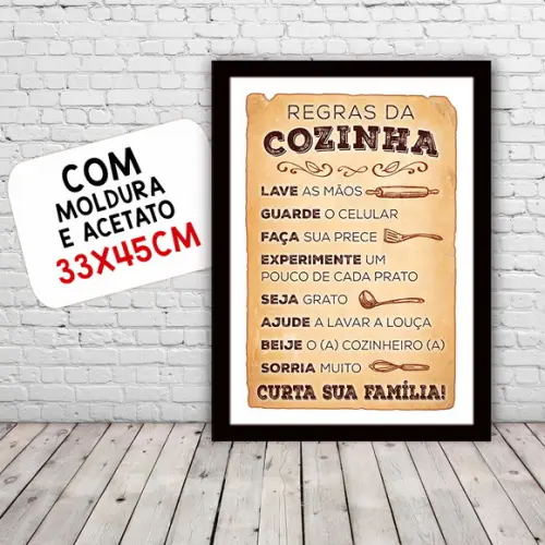 Quadro Pôster A3 c/ Moldura Regras da Cozinha 30x42cm