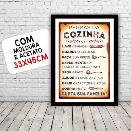 Quadro Pôster A3 c/ Moldura Regras da Cozinha 30x42cm