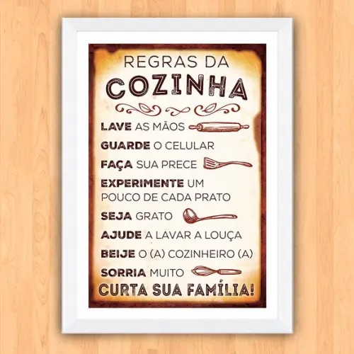 Quadro Pôster A3 c/ Moldura Regras da Cozinha 30x42cm
