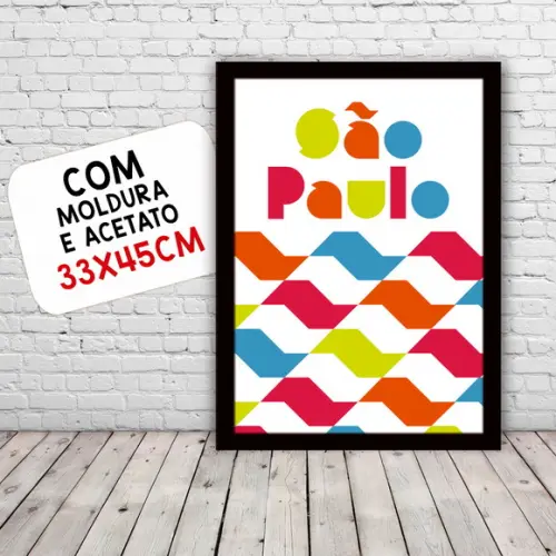 Quadro Pôster A3 c/ Moldura São Paulo Calçada Colorida 30x42
