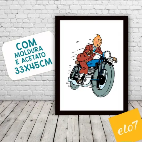 Quadro Pôster A3 c/ Moldura Tintin Moto 30x42cm