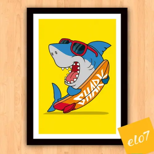 Quadro Pôster A3 c/ Moldura Tubarão Surfista 30x42cm