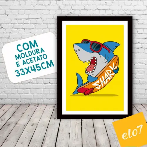 Quadro Pôster A3 c/ Moldura Tubarão Surfista 30x42cm