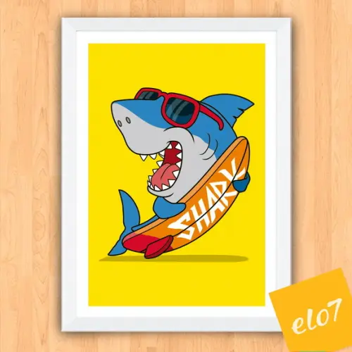 Quadro Pôster A3 c/ Moldura Tubarão Surfista 30x42cm