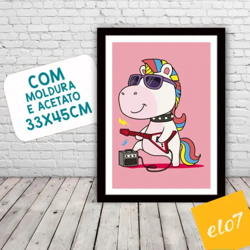 Quadro Pôster A3 c/ Moldura Unicórnio Guitarra 30x42cm