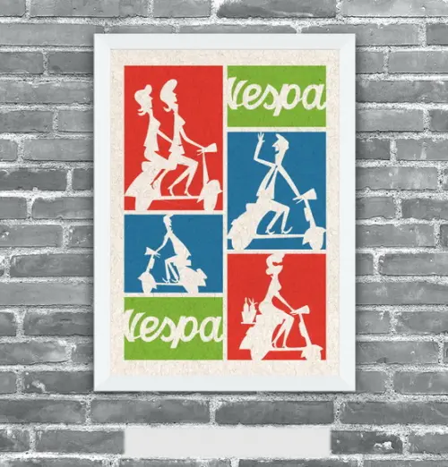 Quadro Pôster A3 c/ Moldura Vespa Cores 30x42cm