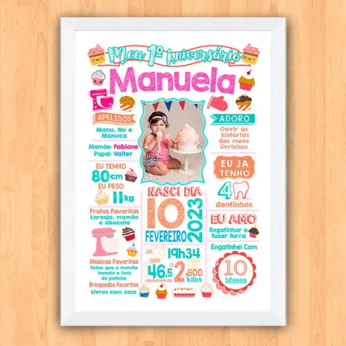 Quadro Poster Aniversário Bolo Cupcake c/ Moldura 30x42cm