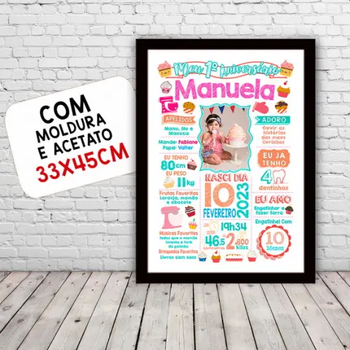 Quadro Poster Aniversário Bolo Cupcake c/ Moldura 30x42cm