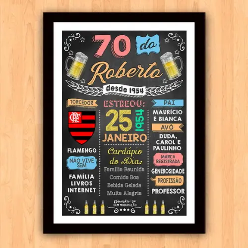 Quadro Poster Aniversário c/ Moldura 70 Anos A3 30x42cm