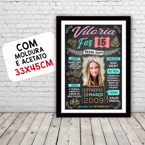 Quadro Poster c/ Moldura Aniversário 15 Anos A3 Menina