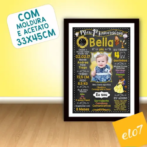 Quadro Poster Chalkboard Aniversário A Bela E A Fera 30x42cm
