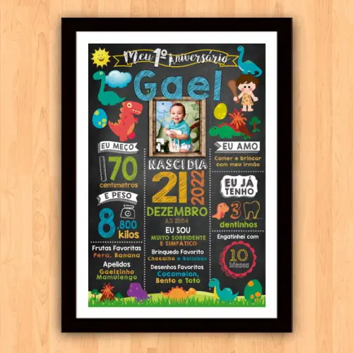 Quadro Poster Chalkboard Aniversário Dinossauros 30x42cm