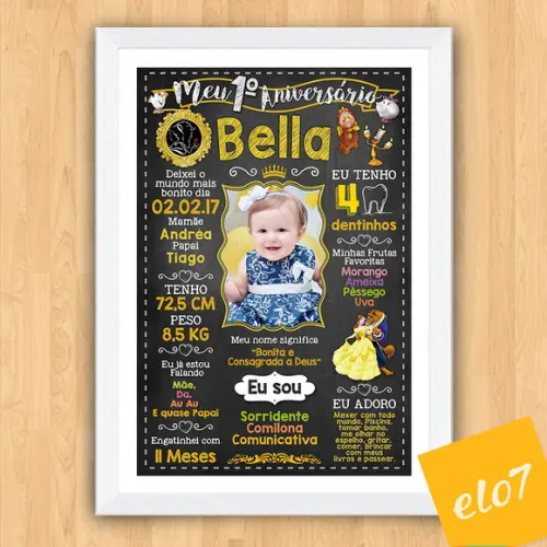 Quadro Poster Chalkboard Aniversário A Bela E A Fera 30x42cm