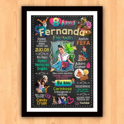 Quadro Poster Chalkboard Aniversário Encanto 8 Anos 30x42cm