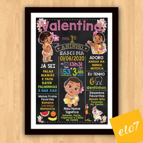 Quadro Poster Chalkboard Aniversário Moana Baby 30x42cm