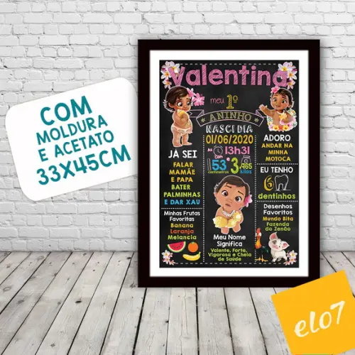 Quadro Poster Chalkboard Aniversário Moana Baby 30x42cm