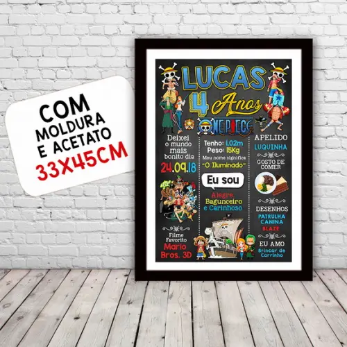 Quadro Poster Chalkboard Aniversário One Piece 30x42cm A3