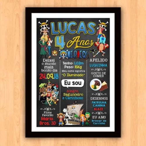 Quadro Poster Chalkboard Aniversário One Piece 30x42cm A3