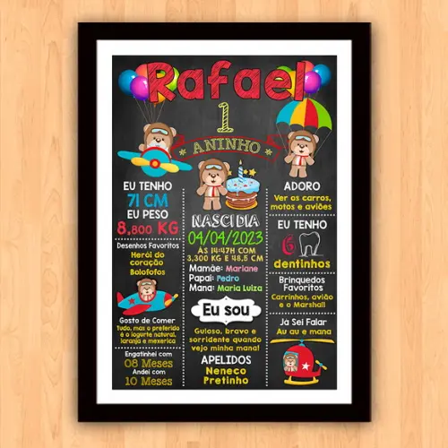 Quadro Poster Chalkboard Aniversário Urso Aviador 30x42cm
